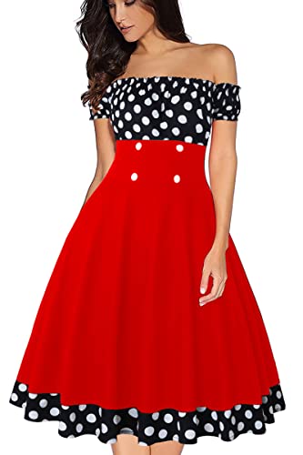 AXOE Damen Sommerkleid Knielang 50er Jahre Kleid Schulterfrei mit Kurz Ärmel Rot Schwarz Polka Dots Gr.36, S von AXOE