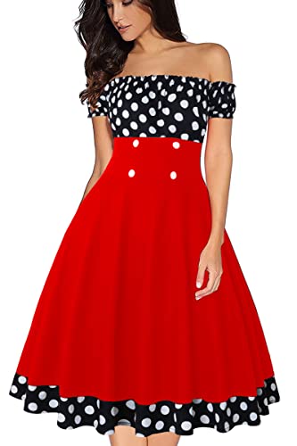 AXOE Damen Sommerkleid Knielang 50er Jahre Kleid Schulterfrei mit Kurz Ärmel Rot Schwarz Polka Dots Gr.42, XL von AXOE