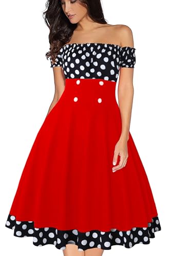 AXOE Damen Schulterfrei Kleid 50er Jahre Rockabilly A-Linie Elastischer Hals Kurzarm für Festliche Party Sommer Schwarz mit Weiß Gepunket, Gr.48, 4XL von AXOE