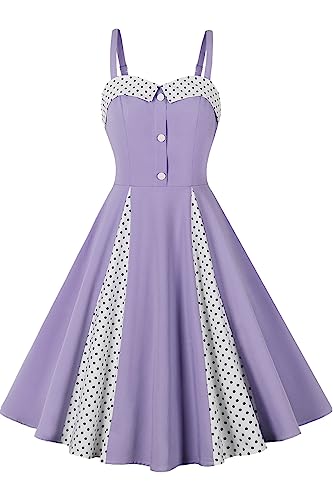 AXOE Damen Vintage Trägerkleid mit Kontrast-Pünktchen Design 50er Jahre Retro Sonnenkleid Elastische Rückenpartie Adjustierbare Träger Sommerkleid für Freizeit Urlaub Violett, Gr.40 (EU 42), XL von AXOE