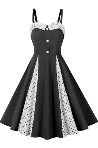 AXOE Damen Vintage Trägerkleid mit Kontrast-Pünktchen Design 50er Jahre Retro Sonnenkleid Elastische Rückenpartie Adjustierbare Träger Sommerkleid für Freizeit Urlaub Schwarz, Gr.36 (EU 38), M von AXOE