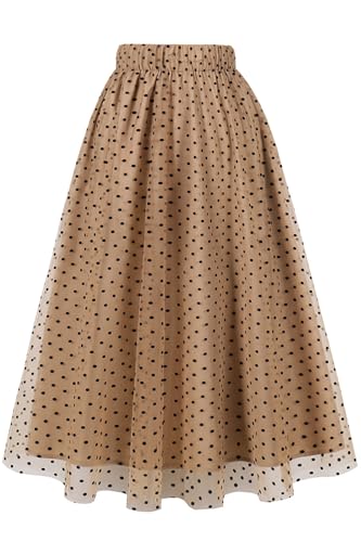 AXOE Damen Tüllrock Midi Länge 3-Lagen Blumen Tüll A-Linie Rock Elegant für Sommer, Festliches, Hochzeit Beige mit Gepunkete, Gr.34-38 (EU 36-40), S von AXOE