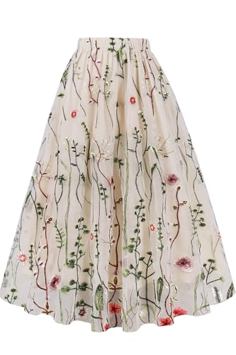 AXOE Damen Tüllrock Midi Länge 3-Lagen Blumen Tüll A-Linie Rock Elegant für Sommer, Festliches, Hochzeit Beige mit Blumenmuster F02, Gr.38-42 (EU 40-44), L von AXOE