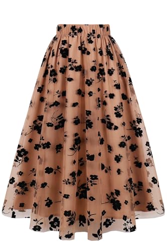 AXOE Damen Tüllrock Midi Länge 3-Lagen Blumen Tüll A-Linie Rock Elegant für Sommer, Festliches, Hochzeit Khaki mit Blumenmuster F03, Gr.34-38 (EU 36-40), S von AXOE