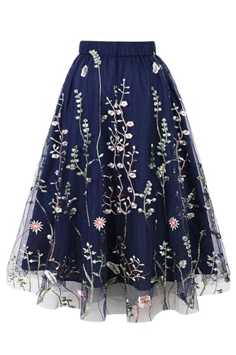AXOE Damen Tüllrock Midi Länge 3-Lagen Blumen Tüll A-Linie Rock Elegant für Sommer, Festliches, Hochzeit Marineblau mit Blumenmuster F04, Gr.34-38 (EU 36-40), S von AXOE