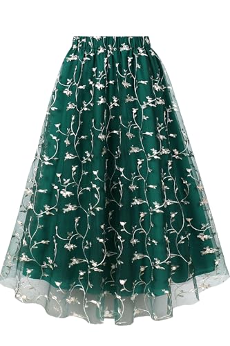 AXOE Damen Tüllrock Midi Länge 3-Lagen Blumen Tüll A-Linie Rock Elegant für Sommer, Festliches, Hochzeit Dunkelgrün mit Blumenmuster, Gr.34-38 (EU 36-40), S von AXOE