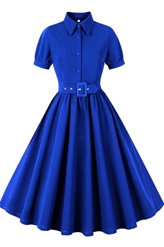 AXOE Damen Rockabilly Kleid 50er Jahre Vintage A-Linie mit Halbgürtel Knielang für Festlich Cocktail Alltag Mittelblau, Gr.48 (EU Gr.50), 4XL von AXOE