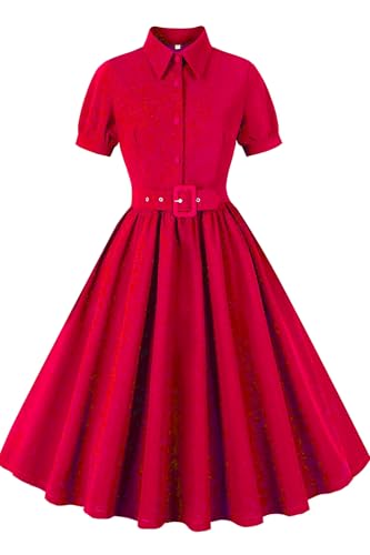 AXOE Damen Rockabilly Kleid 50er Jahre Vintage A-Linie mit Halbgürtel Knielang für Festlich Cocktail Alltag Rot, Gr.46 (EU Gr.48), 3XL von AXOE