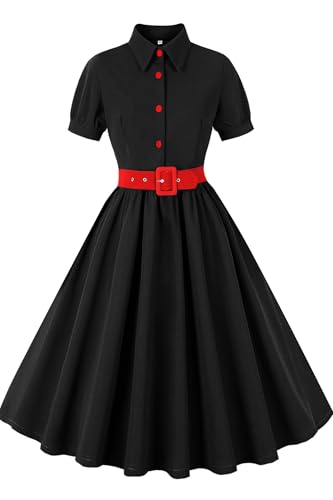 AXOE Damen Rockabilly Kleid 50er Jahre Vintage A-Linie mit Halbgürtel Knielang für Festlich Cocktail Alltag Schwarz Rot, Gr.40 (EU Gr.42), L von AXOE