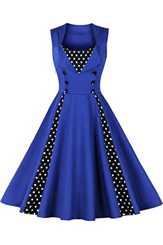 AXOE Damen Vintage Kleid 50er Jahre Festliches Abendkleid Elegant Knielang für Hochzeitsgast Blaues mit Gepunktet, Gr.44, 3XL von AXOE