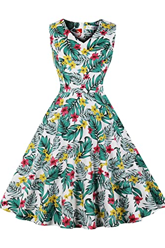 AXOE Damen Vintage Kleid 50er Jahre Pin up Rockabilly für Sommer mit Blumen Armellos F8B, Gr.46, 4XL von AXOE