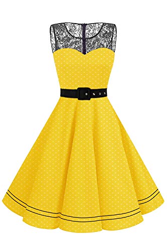 AXOE Damen Vintage Kleid 50er Jahre Rockabilly Gürtel Gelb mit Weiß Gepunktet,Gr.42, XXL von AXOE