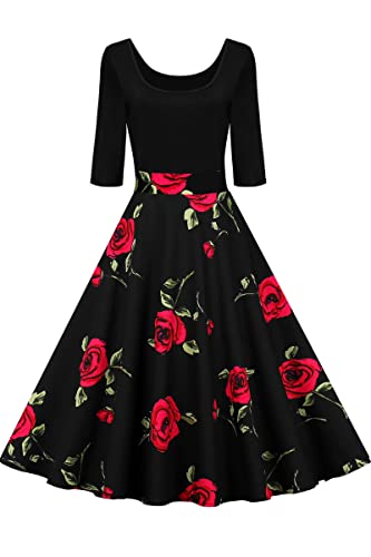 AXOE Damen Vintage Kleid Festlich 50er Jahre Rockabilly Cockailkleid Abendkleid Elegant für Hochzeit 3/4 ärmel Blumen F01B, Gr.40, L von AXOE