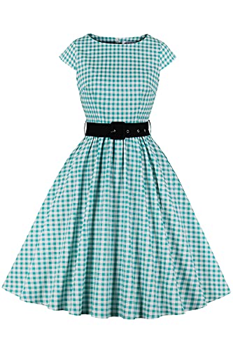 AXOE Damen Vintage Kleid mit Gürtel Kurzarm Sommerkleid Grün Kariertes Gr.42-44, 3XL von AXOE