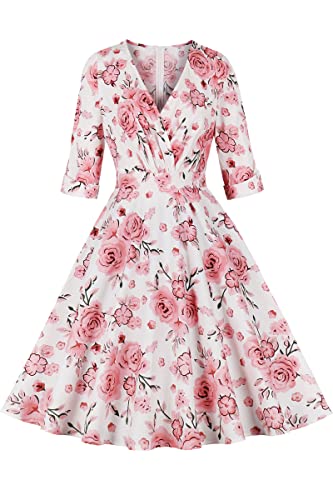 AXOE Damen 60er Jahre Kleid Rockabilly A-Linie V-Ausschnitt 3/4 Ärmel Baumwolle für Büro Date Freizeit Geblümt, Gr.36 (EU 38), S von AXOE