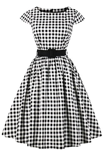 Axoe Damen 50er Jahre Audrey Hepburn Vintage Kleid Rockabilly Cocktail Partykleid Polka Dot- Gr. M (38), Weiß Karierter von AXOE
