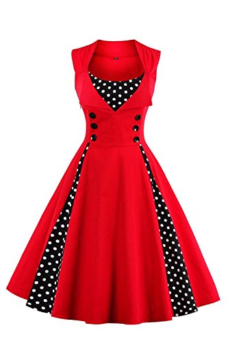 Axoe Damen 50er Jahre Cocktailkleid Rockabilly Elegantes Faltenrock Festliches Partykleider Vintage Kleid Audrey Hepburn Abendkleider mit Polka Dots Knielang, Rot-schwarz, 3XL (48 EU) von AXOE