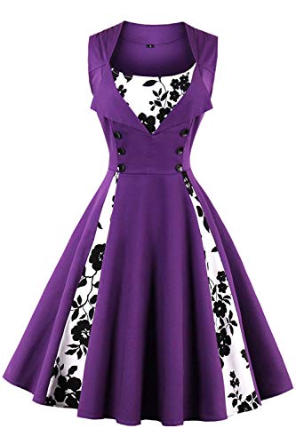 Axoe Damen 50er Jahre Cocktailkleid Rockabilly Elegantes Faltenrock Festliches Partykleider Vintage Kleid Audrey Hepburn Abendkleider mit Polka Dots Knielang, Violett, 4XL (50 EU) von AXOE