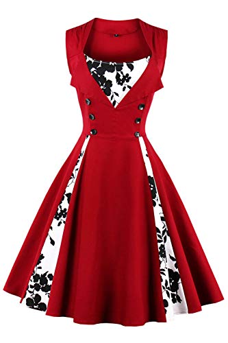 Axoe Damen 50er Jahre Vintage Kleid,Weinrot-blumen,M von AXOE