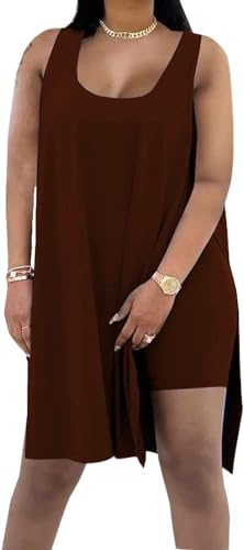AXOSY Damen Plus Size 2-teiliges Outfit ärmellose Tunika-Oberteile und figurbetonte Biker-Shorts-Sets Trainingsanzüge, Kaffee, XL von AXOSY