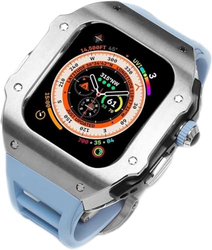 AXPTI Edelstahl-Uhrengehäuse, fluororiertes Gummiband, Mod-Kit, für Apple Watch Serie Ultra 2, 49 mm Ersatz, stoßfester Metallrahmen, Uhrengehäuse, Uhrenarmband, Schließe Zubehör, 49 mm, Achat von AXPTI