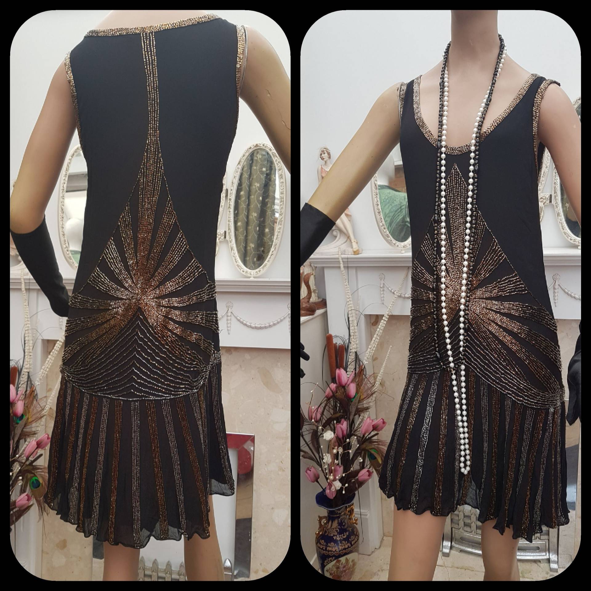 1920Er Great Gatsby Flapper Kleid Perlen Schwarzes Größe 12Uk, 8Us von AXXAVINTAGE