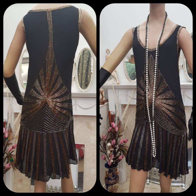 1920Er Great Gatsby Flapper Kleid Perlen Schwarzes Größe 12Uk, 8Us von AXXAVINTAGE