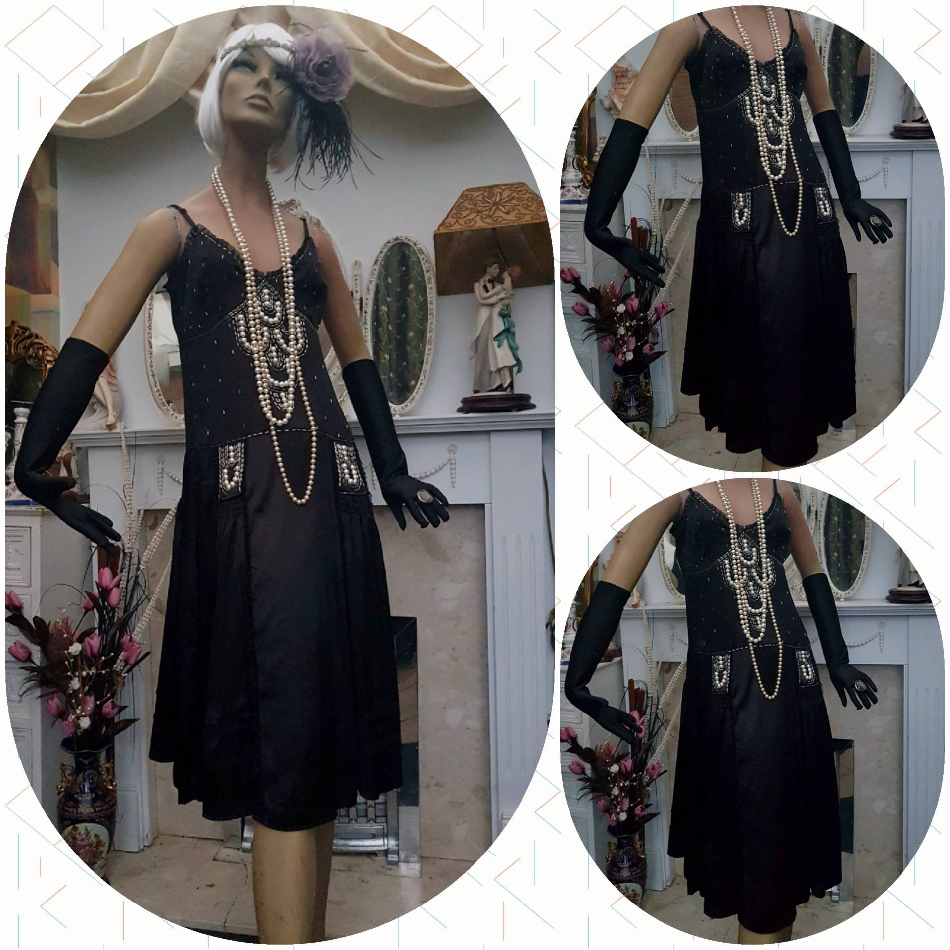 1920Er Great Gatsby Flapper Kleid Schwarz Satin Perlen Tropfen Taille Größe 8Uk 4Us von AXXAVINTAGE
