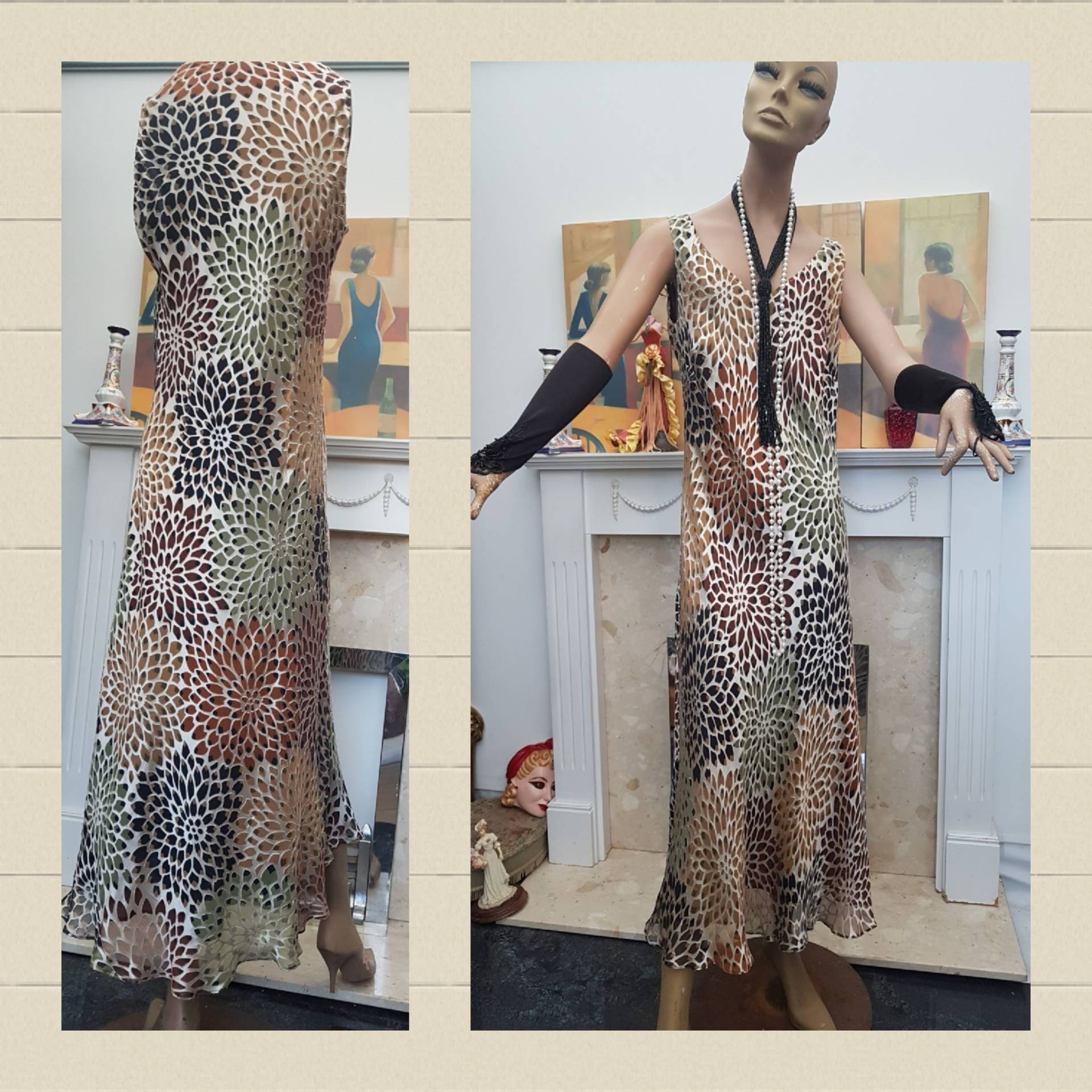 1930's Downton Abtei Seidenkleid Devore Kleid, Schrägschnitt Cocktailkleid, Gartenpartykleid Größe 14Uk, 10Us von AXXAVINTAGE