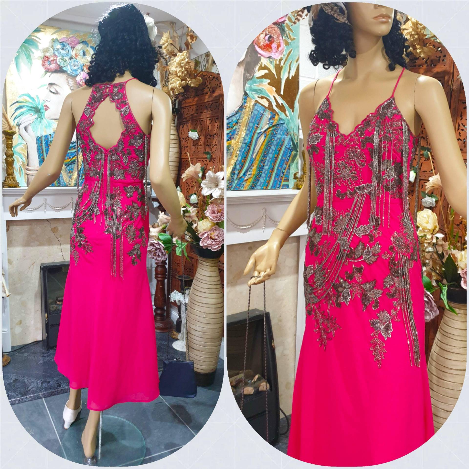 Vintage Perlen Flapper Kleid, Fuchsia Hand Abendkleid Mit Silber Verzierte Fransen, Größe Uk6, Us2 von AXXAVINTAGE