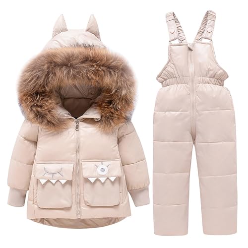 AXZDTH 2 Stück Baby Winter Schneeanzug Kinder Skianzug Outfit Daunenjacke Schneeanzug mit Künstliches Winterjacke mit Kaputze + Skihose Daunenhose Kinderskianzug Bekleidungsset Winteranzug von AXZDTH