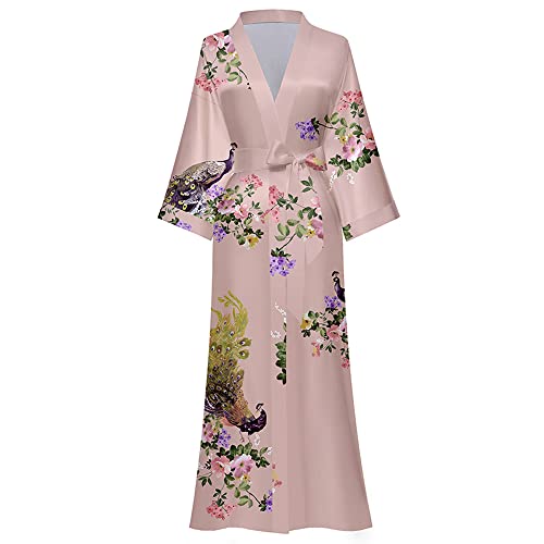 AXZDTH Damen Morgenmantel Maxi Lang Satin Kimono Robe Blumen Seidiger Bademantel Bathrobe Schlafmantel Einheitsgröße Lange Robe Schlafmantel Girl Pajama Party Brautdusche Damen Geschenk von AXZDTH