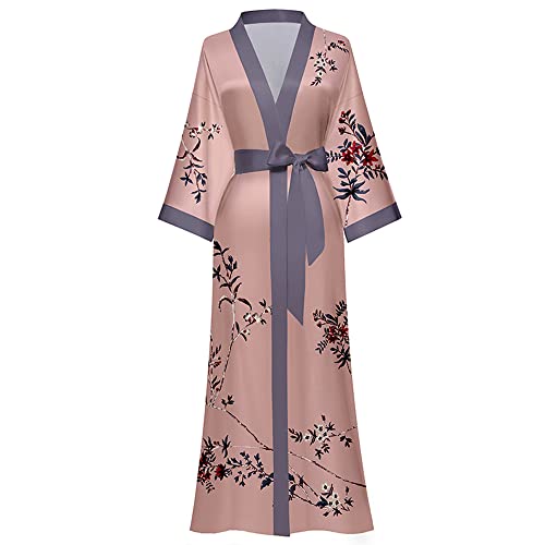 AXZDTH Damen Morgenmantel Maxi Lang Satin Kimono Robe Blumen Seidiger Bademantel Bathrobe Schlafmantel Einheitsgröße Lange Robe Schlafmantel Girl Pajama Party Brautdusche Damen Geschenk von AXZDTH