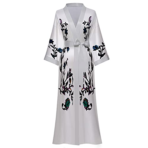 AXZDTH Damen Morgenmantel Maxi Lang Satin Kimono Robe Blumen Seidiger Bademantel Bathrobe Schlafmantel Einheitsgröße Lange Robe Schlafmantel Girl Pajama Party Brautdusche Damen Geschenk von AXZDTH