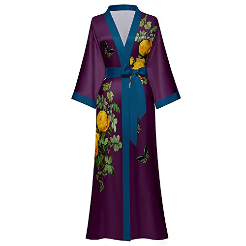 AXZDTH Damen Morgenmantel Maxi Lang Satin Kimono Robe Blumen Seidiger Bademantel Bathrobe Schlafmantel Einheitsgröße Lange Robe Schlafmantel Girl Pajama Party Brautdusche Damen Geschenk von AXZDTH