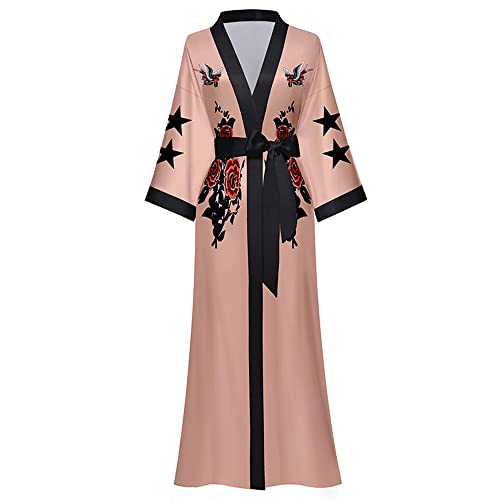 AXZDTH Damen Morgenmantel Maxi Lang Satin Kimono Robe Blumen Seidiger Bademantel Bathrobe Schlafmantel Einheitsgröße Lange Robe Schlafmantel Girl Pajama Party Brautdusche Damen Geschenk von AXZDTH