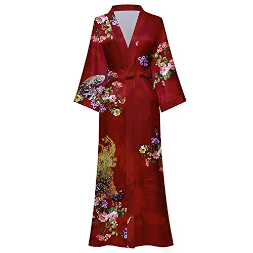 AXZDTH Damen Morgenmantel Maxi Lang Satin Kimono Robe Blumen Seidiger Bademantel Bathrobe Schlafmantel Einheitsgröße Lange Robe Schlafmantel Girl Pajama Party Brautdusche Damen Geschenk von AXZDTH