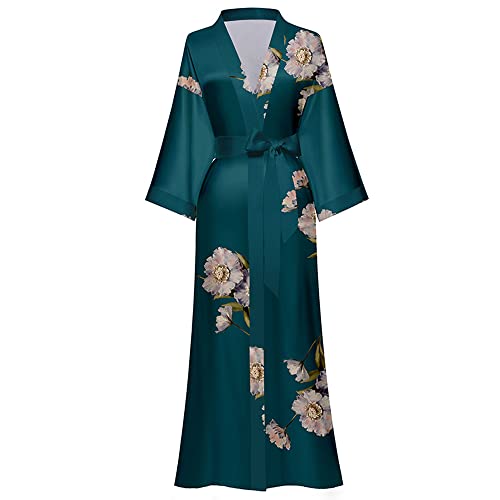 AXZDTH Damen Morgenmantel Maxi Lang Satin Kimono Robe Blumen Seidiger Bademantel Bathrobe Schlafmantel Einheitsgröße Lange Robe Schlafmantel Girl Pajama Party Brautdusche Damen Geschenk von AXZDTH