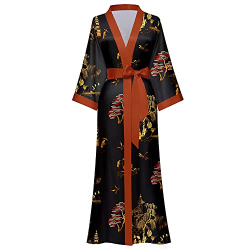 AXZDTH Damen Morgenmantel Maxi Lang Satin Kimono Robe Blumen Seidiger Bademantel Bathrobe Schlafmantel Einheitsgröße Lange Robe Schlafmantel Girl Pajama Party Brautdusche Damen Geschenk von AXZDTH