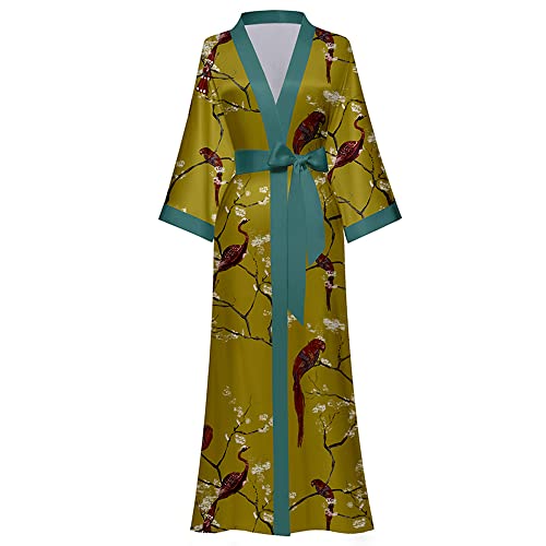 AXZDTH Damen Morgenmantel Maxi Lang Satin Kimono Robe Blumen Seidiger Bademantel Bathrobe Schlafmantel Einheitsgröße Lange Robe Schlafmantel Girl Pajama Party Brautdusche Damen Geschenk von AXZDTH