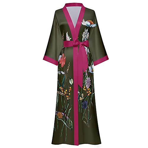 AXZDTH Damen Morgenmantel Maxi Lang Satin Kimono Robe Blumen Seidiger Bademantel Bathrobe Schlafmantel Einheitsgröße Lange Robe Schlafmantel Girl Pajama Party Brautdusche Damen Geschenk von AXZDTH