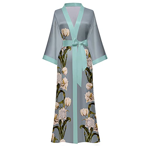 AXZDTH Damen Morgenmantel Maxi Lang Satin Kimono Robe Blumen Seidiger Bademantel Bathrobe Schlafmantel Einheitsgröße Lange Robe Schlafmantel Girl Pajama Party Brautdusche Damen Geschenk von AXZDTH