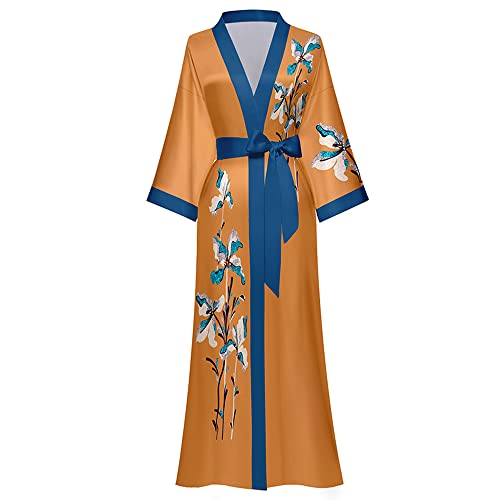 AXZDTH Damen Morgenmantel Maxi Lang Satin Kimono Robe Blumen Seidiger Bademantel Bathrobe Schlafmantel Einheitsgröße Lange Robe Schlafmantel Girl Pajama Party Brautdusche Damen Geschenk von AXZDTH