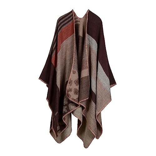 AXZDTH Damen Schal Wrap Poncho Vintage übergangsjacke Farbblocking Schal Wrap Open Front Poncho Übergroße Outwear Winterdecke Elegant Cape Coat Cardigan Pullover Decke für Frühling Herbst Winter von AXZDTH