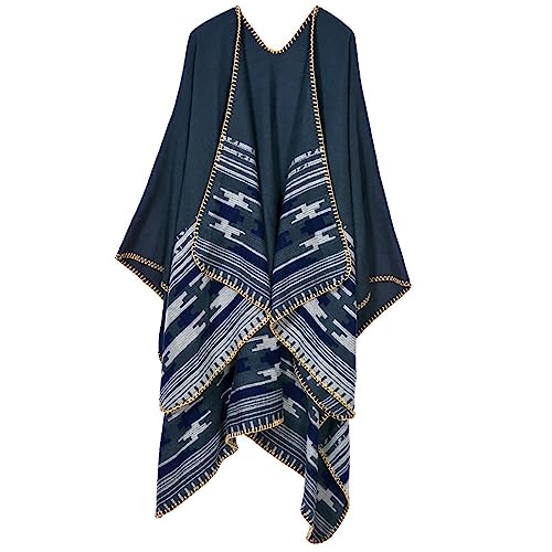 AXZDTH Damen Schal Wrap Poncho Vintage übergangsjacke Farbblocking Schal Wrap Open Front Poncho Übergroße Outwear Winterdecke Elegant Cape Coat Cardigan Pullover Decke für Frühling Herbst Winter von AXZDTH