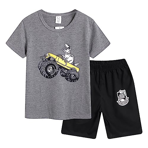 AXZDTH Jungen Schlafanzug Kurzarm Kinder Pyjama Kurzarm Sommer Zweiteiliger Baumwolle Dinosaurier Bagger Motorrad Flugzeug Kurzer Pyjamas Nachtwäsche Shorty Pyjamas Set von AXZDTH