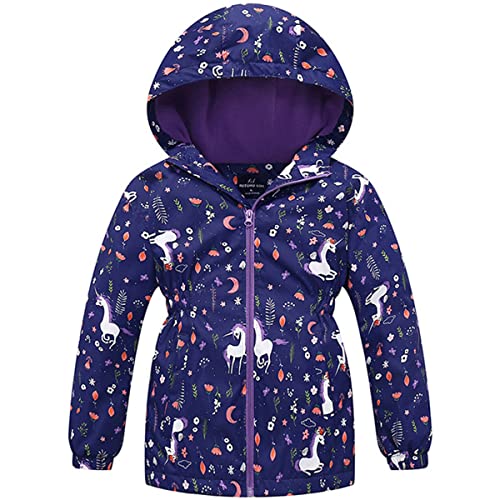 AXZDTH Kinder Mädchen Softshelljacke Karikatur wasserdichte Jacke Kinder Einhorn Regenjacke Gefüttert Windjacke Outdoorjacke Regenmantel mit Kapuze Übergangsjacke für Herbst Frühling von AXZDTH