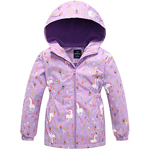 AXZDTH Kinder Mädchen Softshelljacke Karikatur wasserdichte Jacke Kinder Einhorn Regenjacke Gefüttert Windjacke Outdoorjacke Regenmantel mit Kapuze Übergangsjacke für Herbst Frühling von AXZDTH