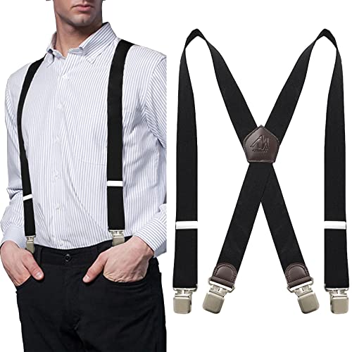 AYAMAYA Hosenträger Herren Breit Leder Schwarze 3.5CM, Extra Stark Hosentraeger mit 4 Clips in X-Form Elastisch und Längenverstellbar Vintage Arbeitshosen Jagd Motorrad Hosenträger fuer herren von AYAMAYA