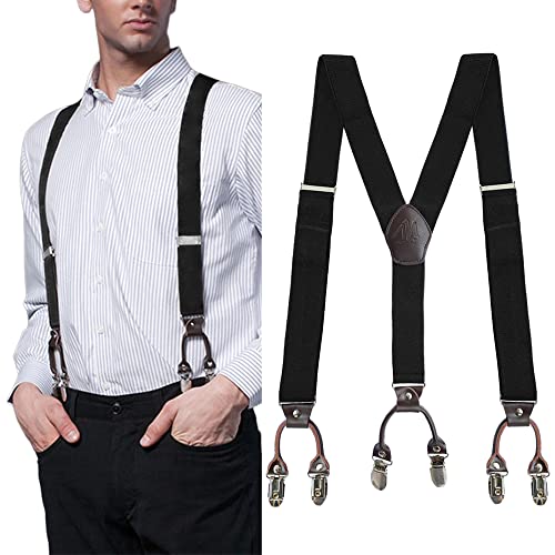 AYAMAYA Hosenträger Herren Schwarze Breit 3.5CM, Leder 6 Starken Clips in Y-Form Elastisch und Längenverstellbar Hosenträgers von AYAMAYA